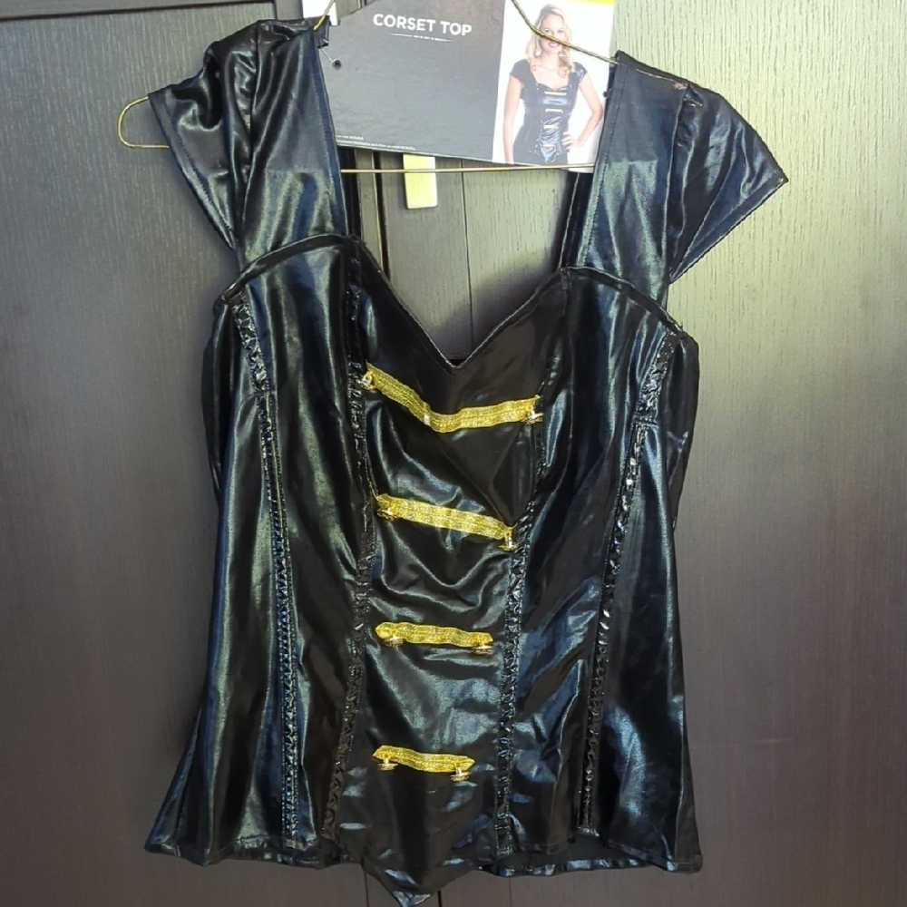 Women's Pirate Black Corset Top with Gold Accents,Hat, Choker - Size L 12-14 NWT
